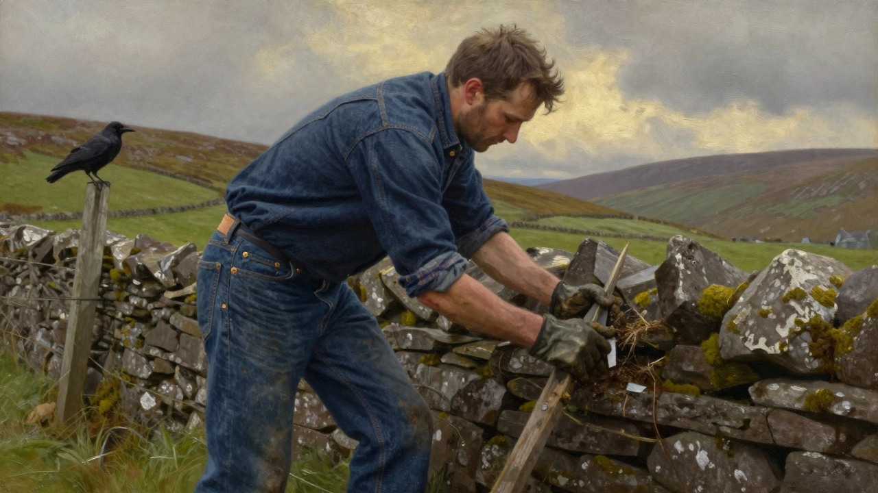An Irish farmer mending a stone wall in Connemara, wearing durable Levi’s jeans under a wool shirt.