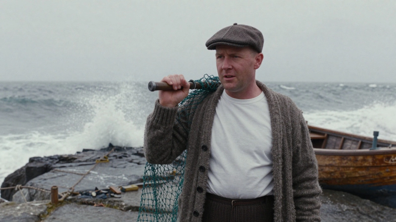 An Irish fisherman in the 1950s wearing a cotton T-shirt under a wool jumper on a rocky pier.