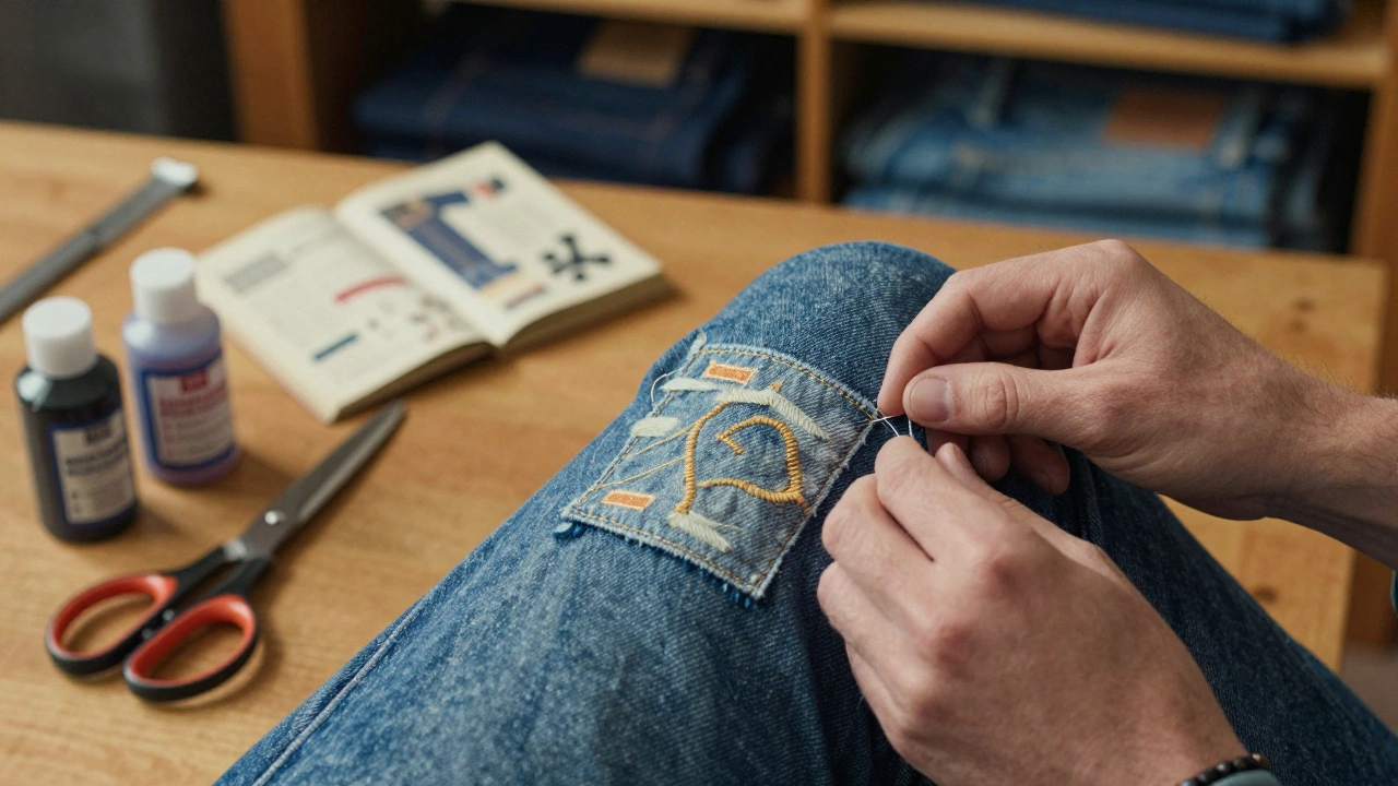 Close-up of a tailor repairing Levi’s jeans with needle and thread in a workshop.