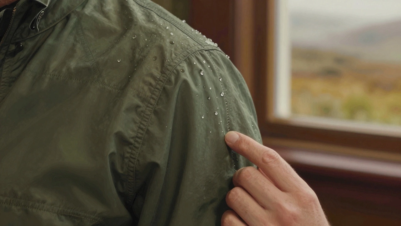Close-up of water beading on a waxed jacket sleeve with visible sealed seams.