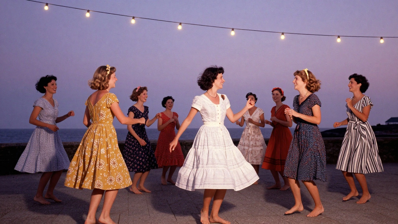 Group of women dancing barefoot at a seaside ceilidh in Doolin, wearing flattering summer dresses.