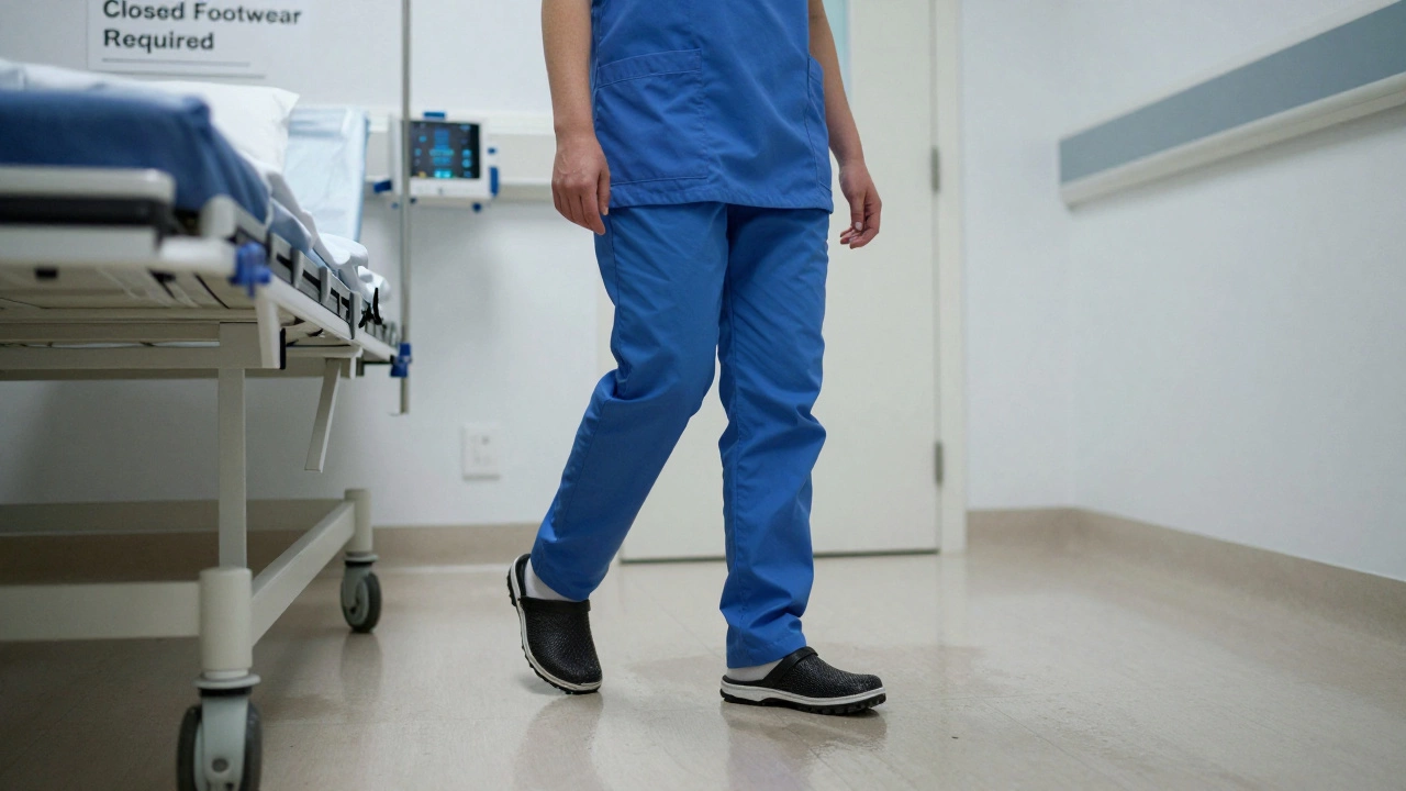 Hospital staff in non-slip clogs walking on a wet floor, with a safety sign in the background.