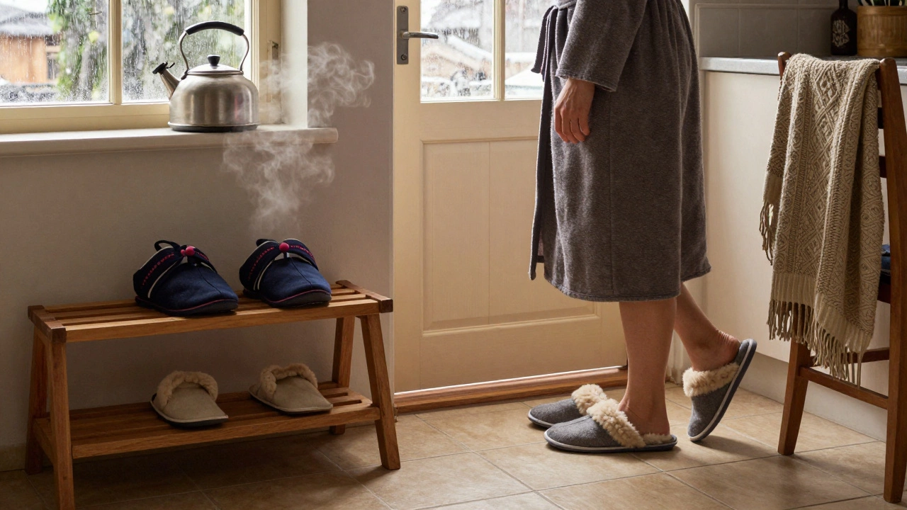 Irish woman removing wool slippers in a kitchen, with Korean jipsa on a rack nearby, rain visible through the window.