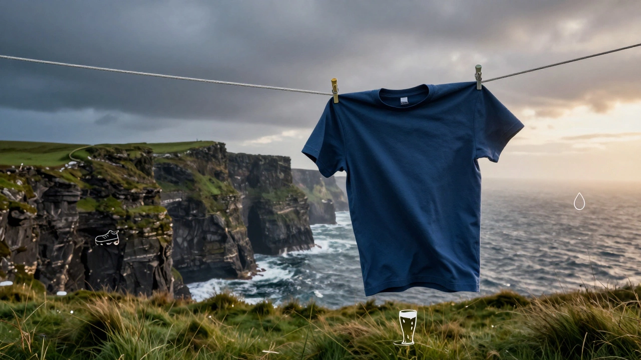 Large t-shirt on a clothesline blowing in the wind over the Cliffs of Moher, symbolizing practical Irish wear.