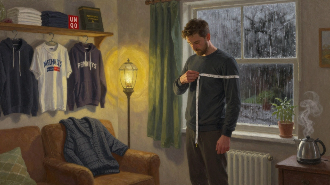 Man measuring his chest with a tape measure beside shelves of Irish-branded t-shirts in a rainy windowed room.
