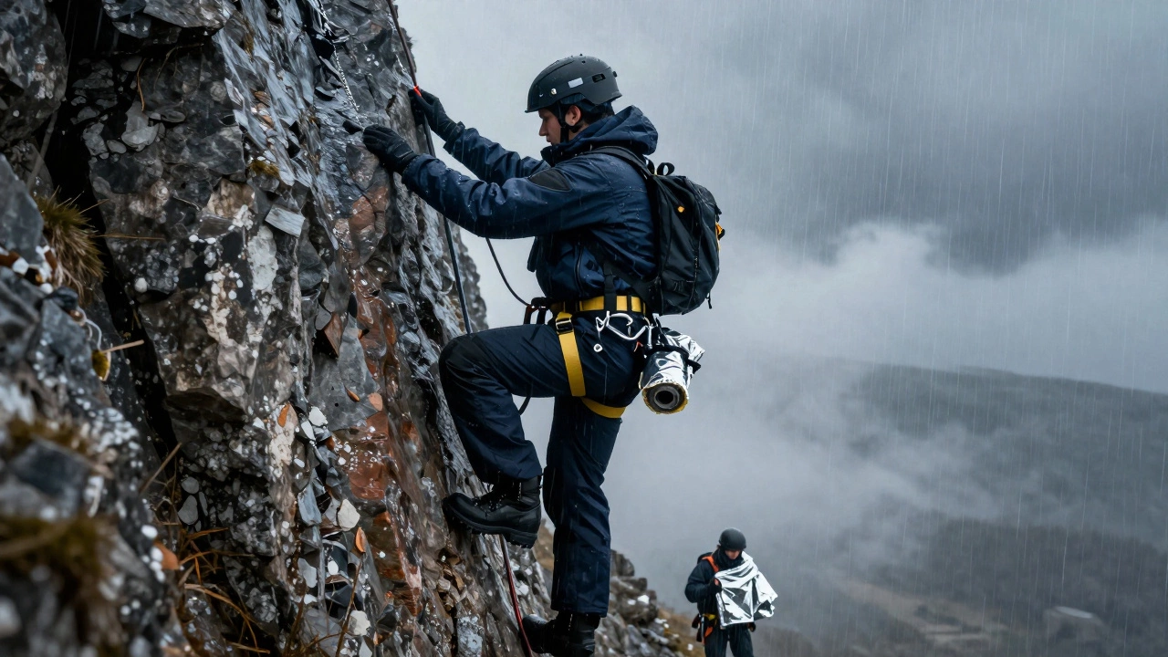 Mountain rescuer in a navy SWAT jacket climbing a stormy cliff in Wicklow, gear attached to MOLLE webbing.