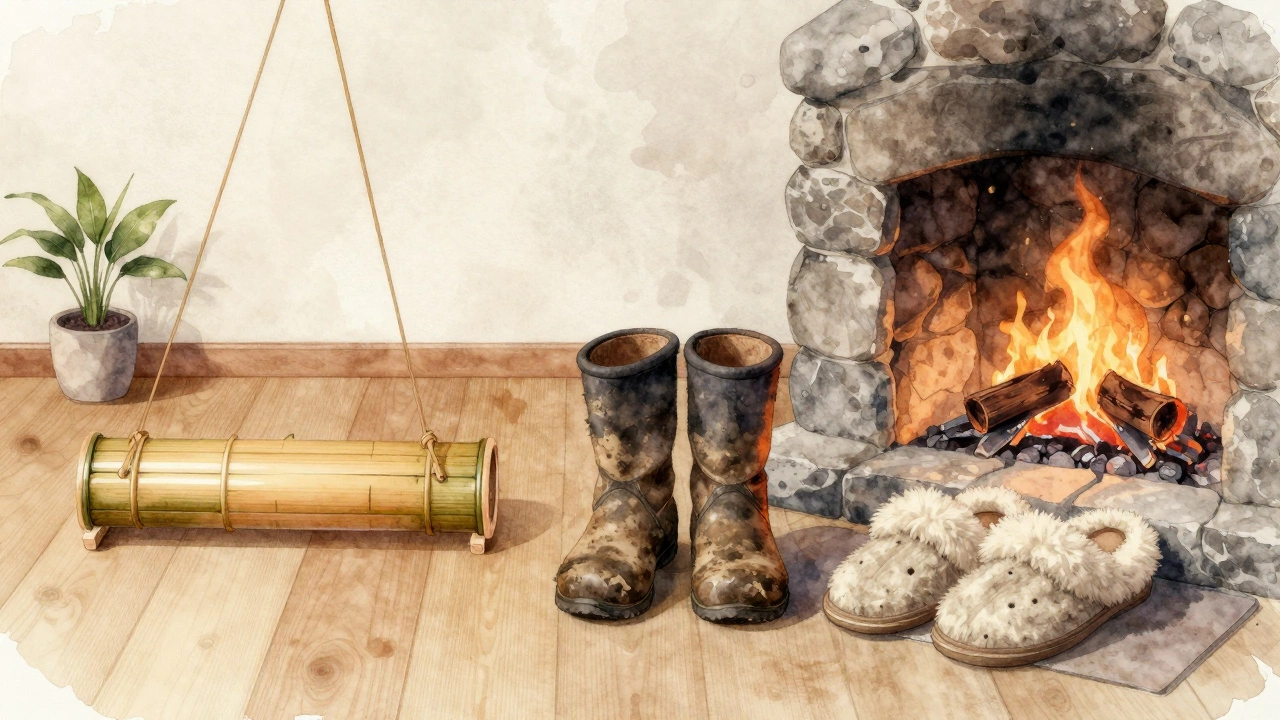 Split illustration showing Korean jipsa and Irish wool slippers side by side, symbolizing cultural traditions of indoor footwear.