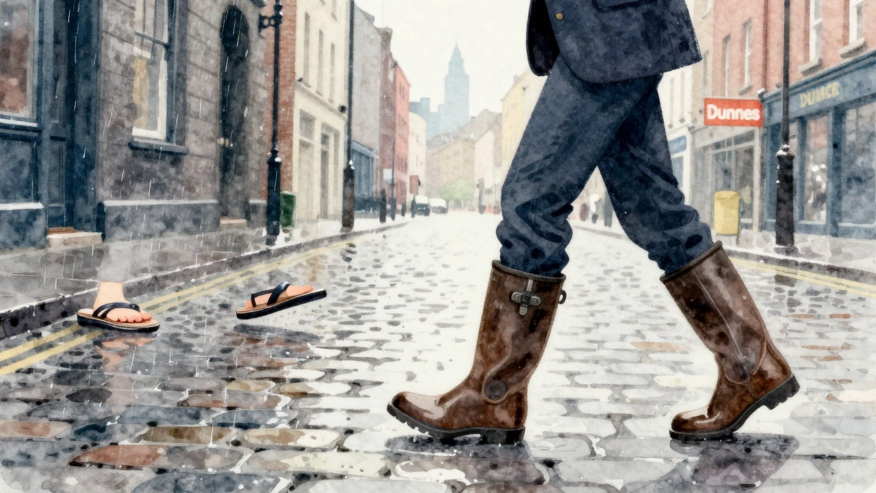 Split image: person slipping in flip-flops on wet cobblestones vs. walking safely in waterproof boots.