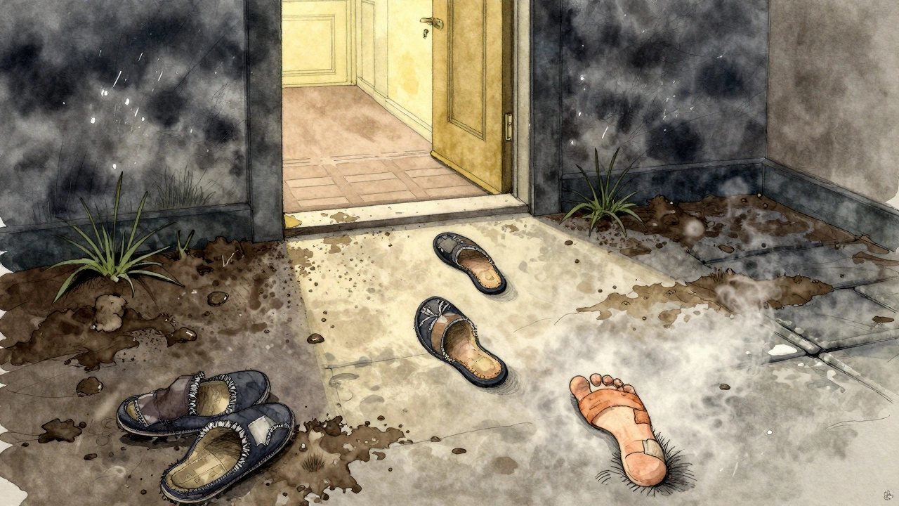 Symbolic path of barefoot prints turning into traditional Irish wool slippers, fading into warm interior light.