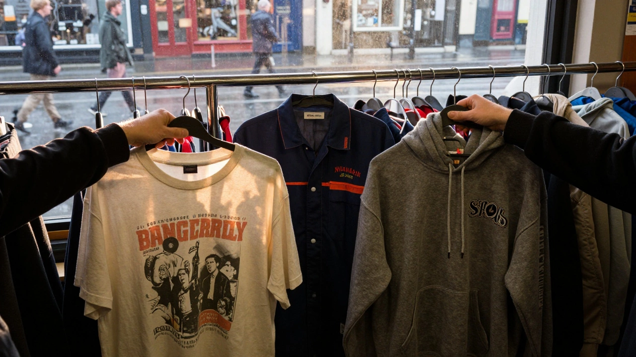 Three hands selecting vintage men's shirts from a thrift store rack, sunlight streaming through dusty windows.