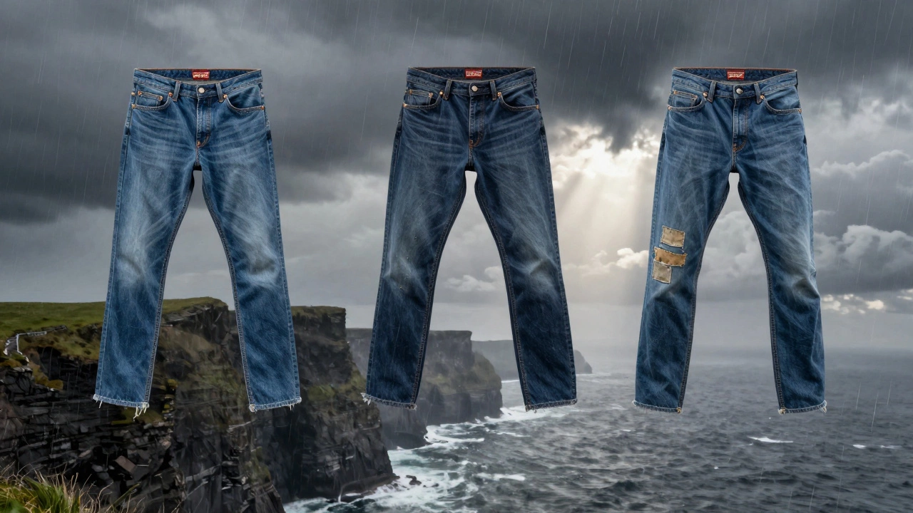 Three Levi’s jeans at different life stages suspended in a stormy Irish sky above the Cliffs of Moher.