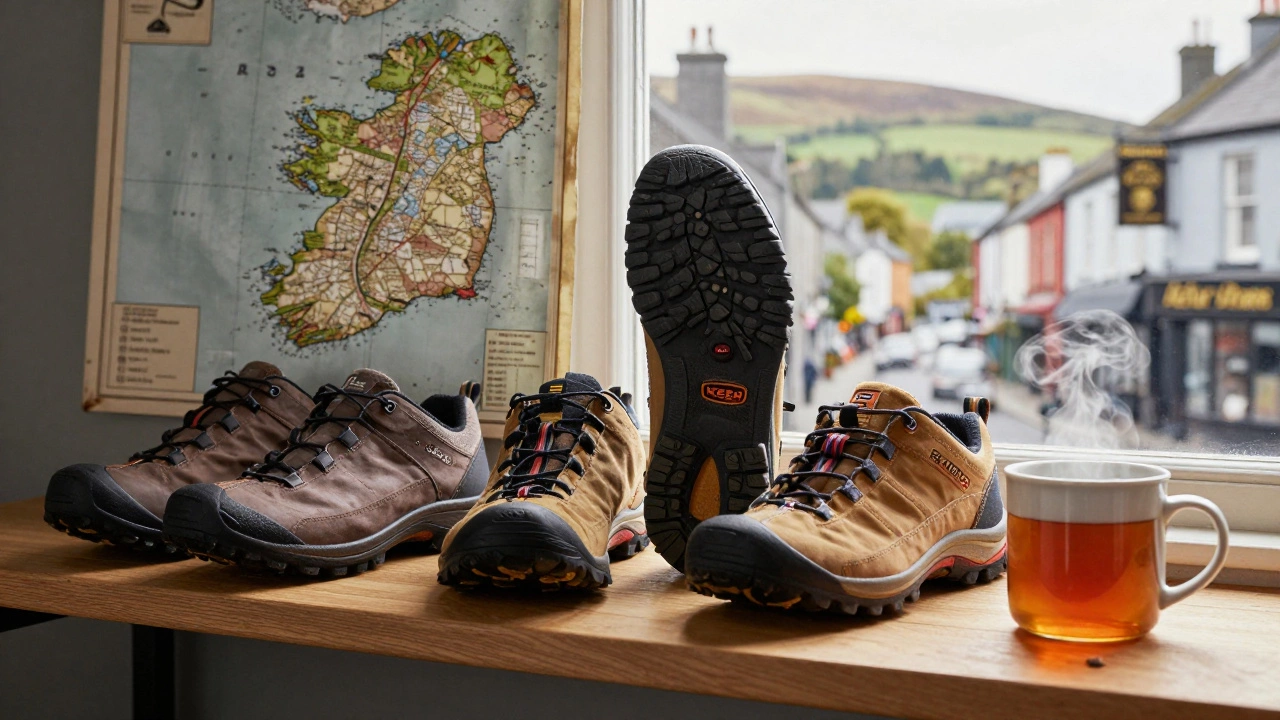 Three pairs of Irish walking shoes on a shelf with a repaired sole and tea mug.