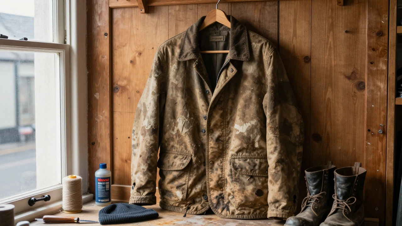 Weathered Irish jacket hanging in a tailor's workshop with repair tools nearby.