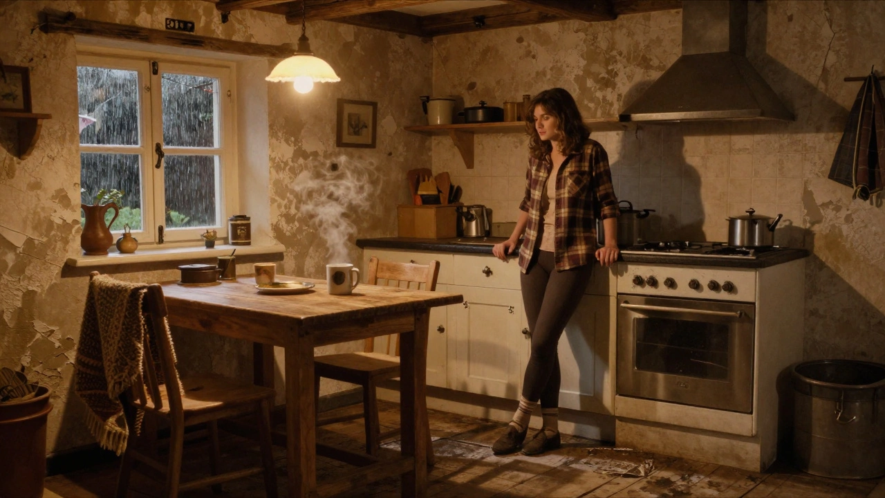 Woman in a flannel shirt standing in a cozy Irish cottage kitchen, steam rising from a mug, rain on the window.