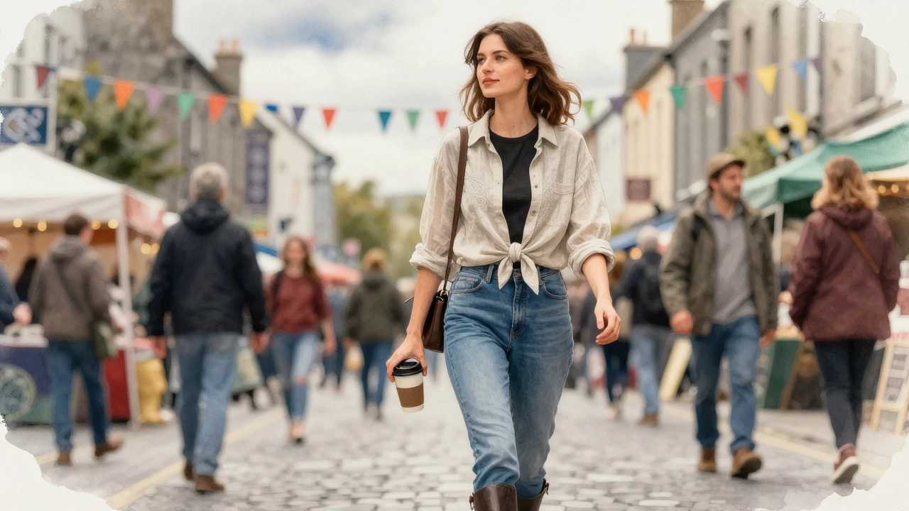 Woman in Galway tying a linen collared shirt at her waist over a T-shirt during a festival, jeans and boots, overcast sky.
