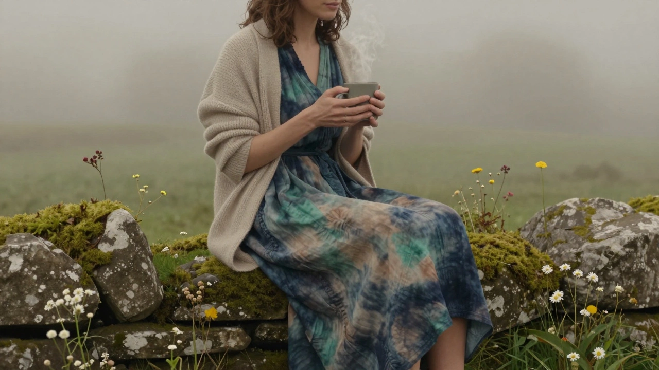 Woman sitting on a stone wall at Newgrange wearing an empire waist wrap dress with a cardigan.