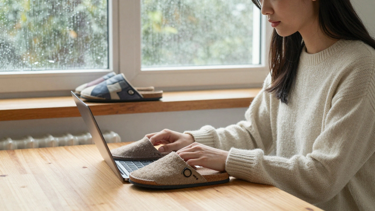 Woman working from home in Ireland wearing flexible wool slippers, rain visible on the window behind her.
