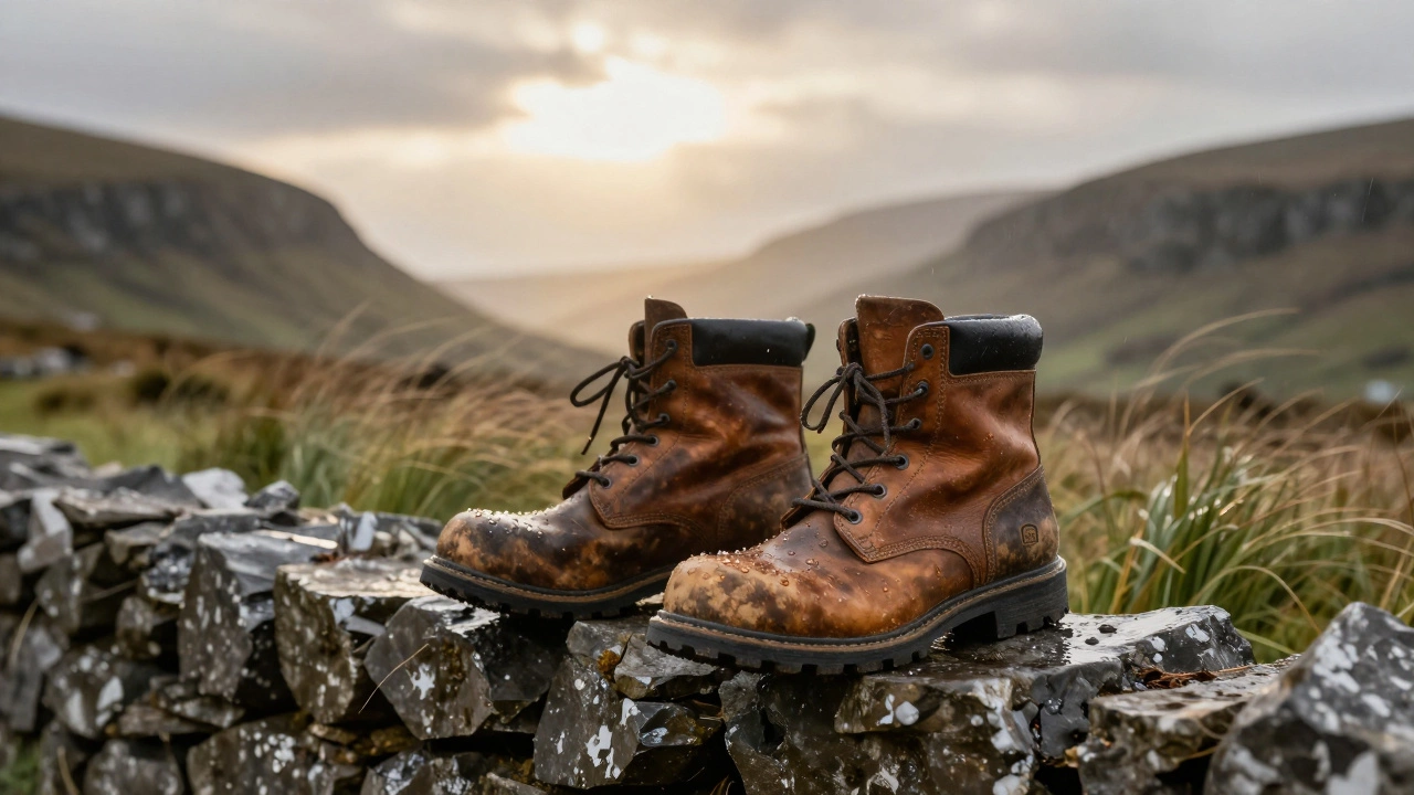 Worn work boots resting on a Connemara stone wall, raindrops on leather, EN ISO 20345 logo visible, symbolizing durability in Irish weather.