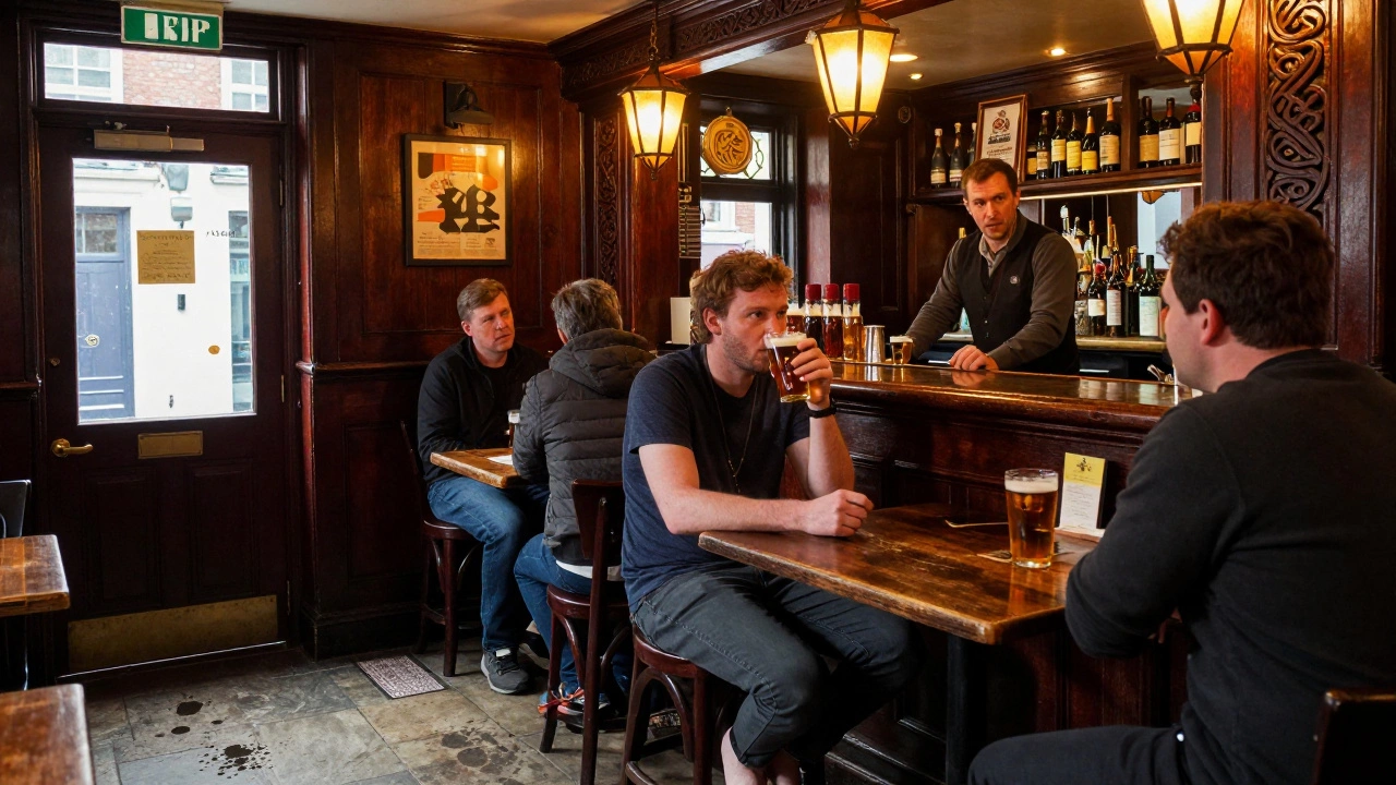 A barefoot customer sits in a traditional Irish pub, surrounded by patrons and a bartender.