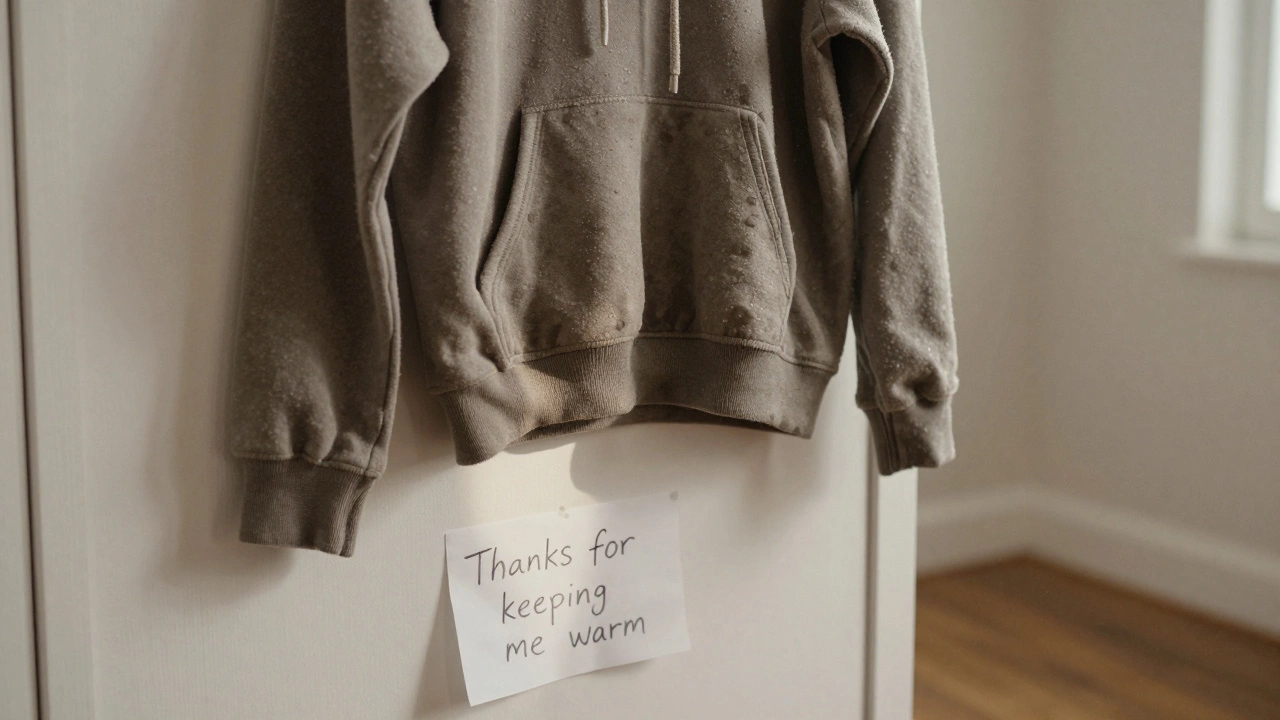 A faded, stained hoodie hangs in a closet, slightly damp, with a blurred note beneath it.