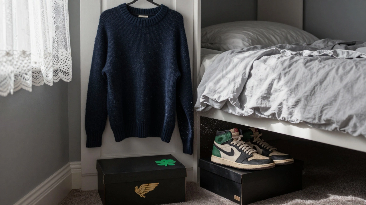 A grandmother's closet with worn Air Jordan 1s tucked under the bed beside a wool sweater.