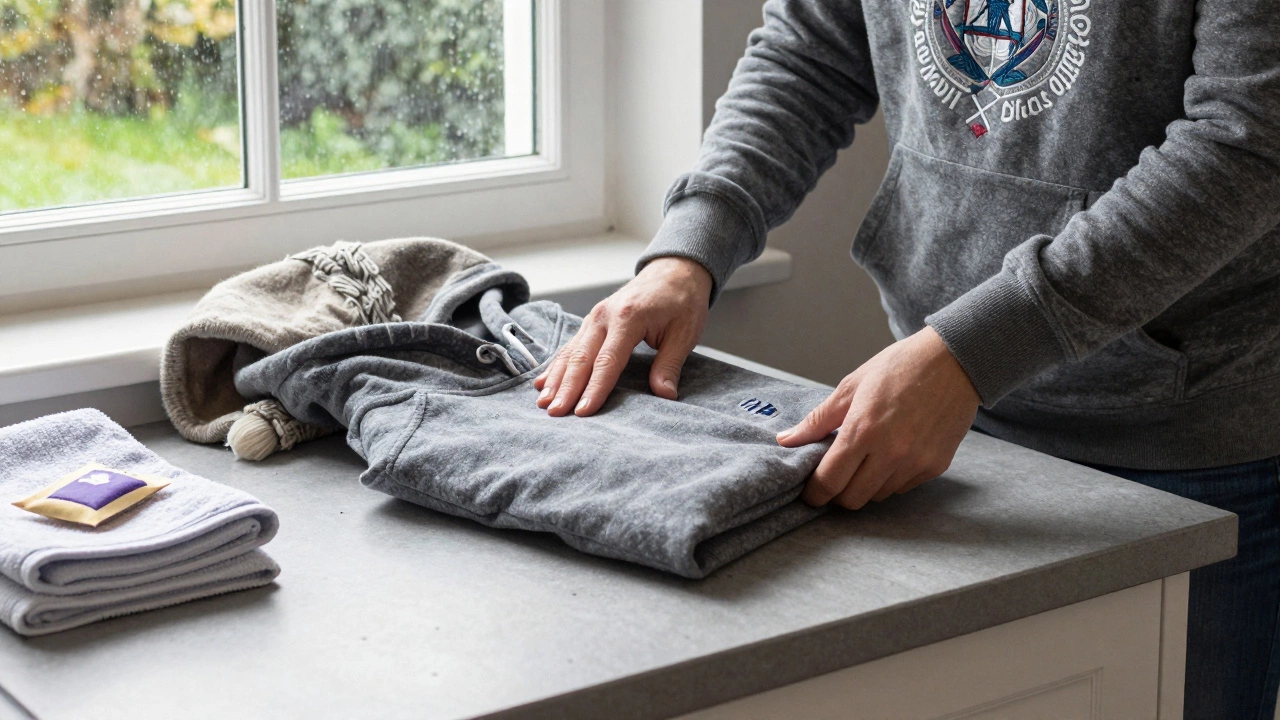 A hand folding a faded Superdry hoodie on a kitchen counter with rain outside in a Cork cottage.