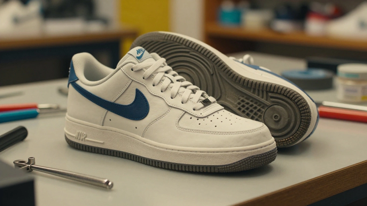 A repaired Nike sneaker on a workbench with fresh soles and refinished color in Dublin.