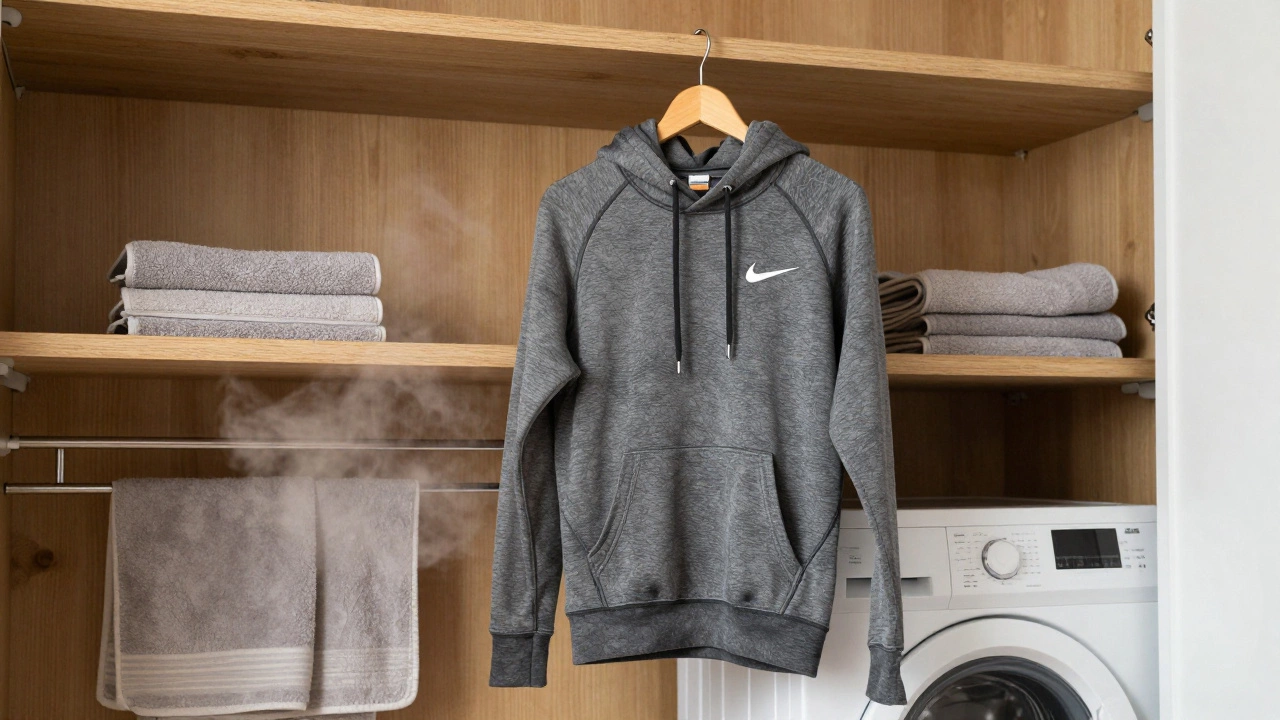 A structured hoodie hanging on a padded hanger in a dry linen cupboard above a washing machine in Limerick.