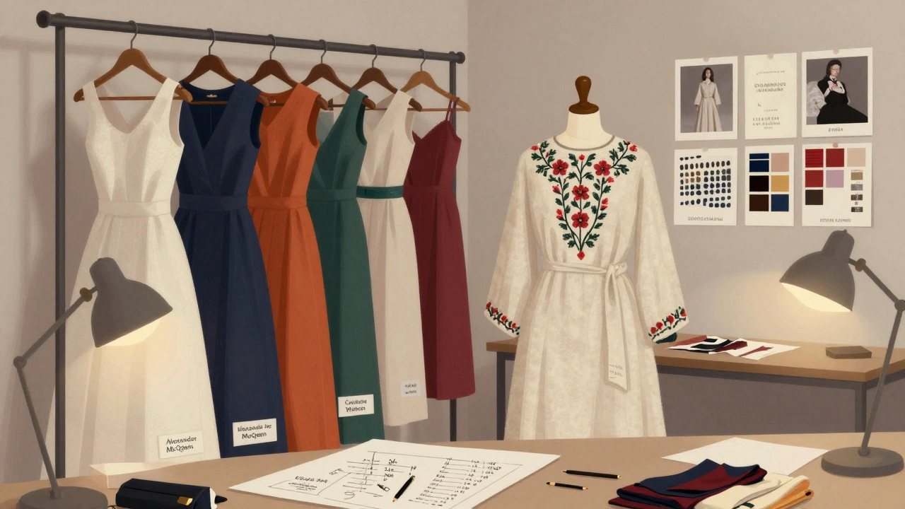 A stylist's workspace with royal gowns and a hand-embroidered Donegal wool dress, symbolizing Irish fashion potential.