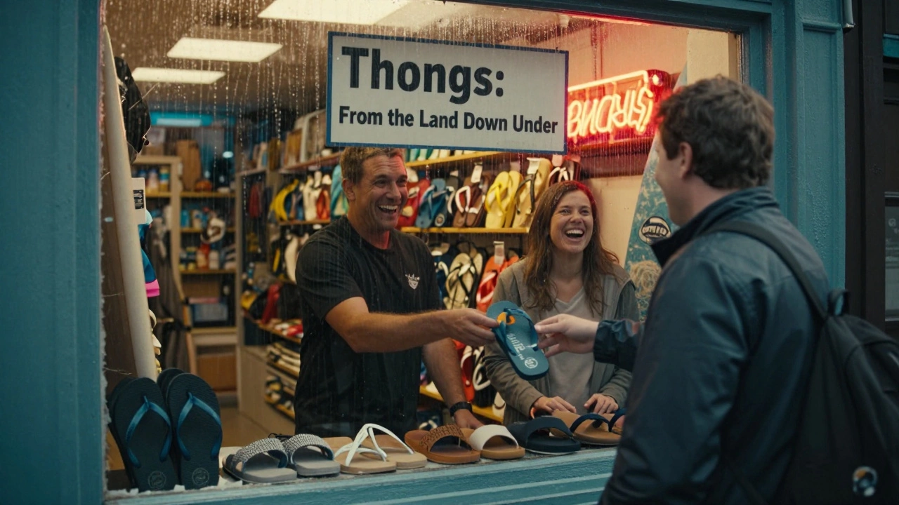 A surf shop in Galway where an Australian staff member hands flip-flops to a local customer, with bilingual signage visible.