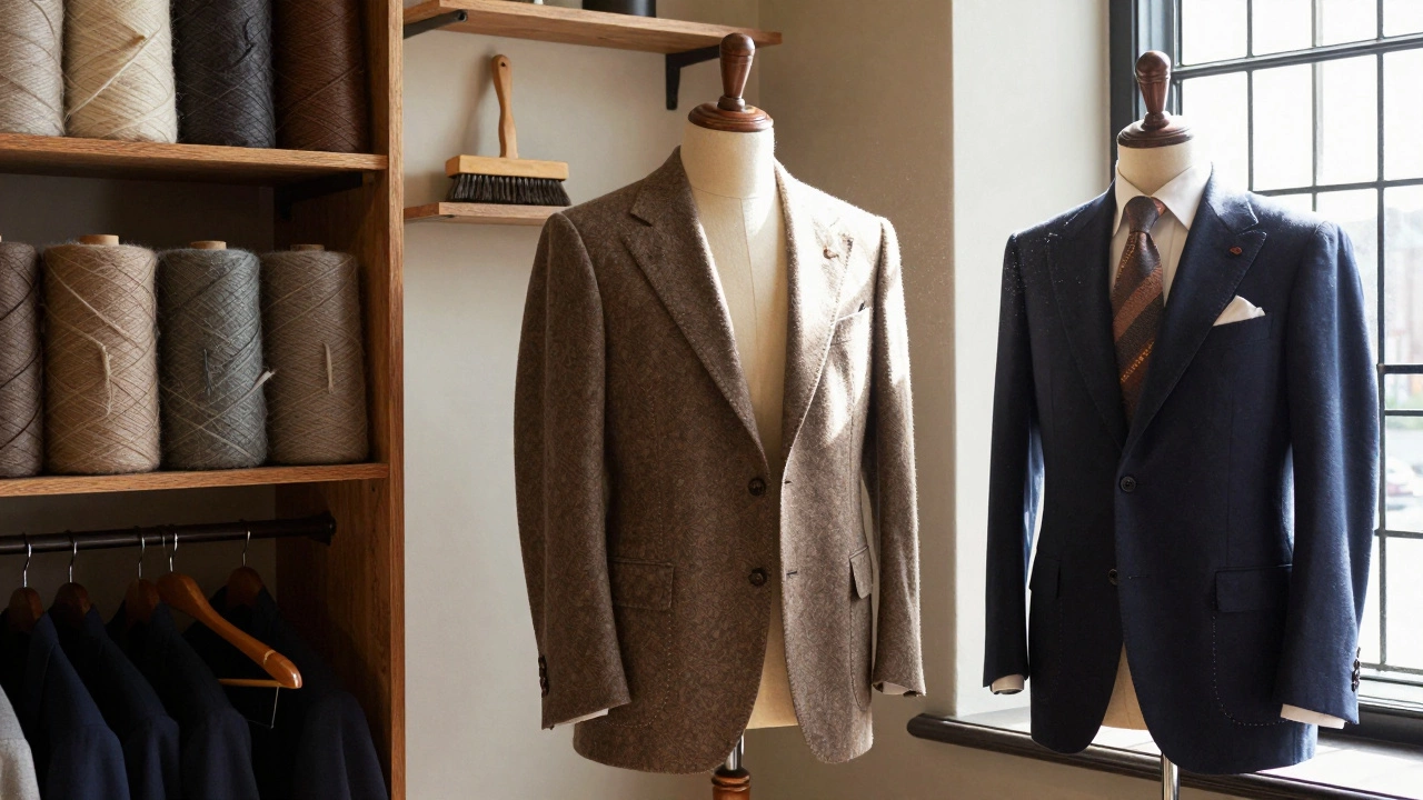 A traditional Irish tailor shop with vintage and modern suits, wool bolts, and crafting tools in warm sunlight.