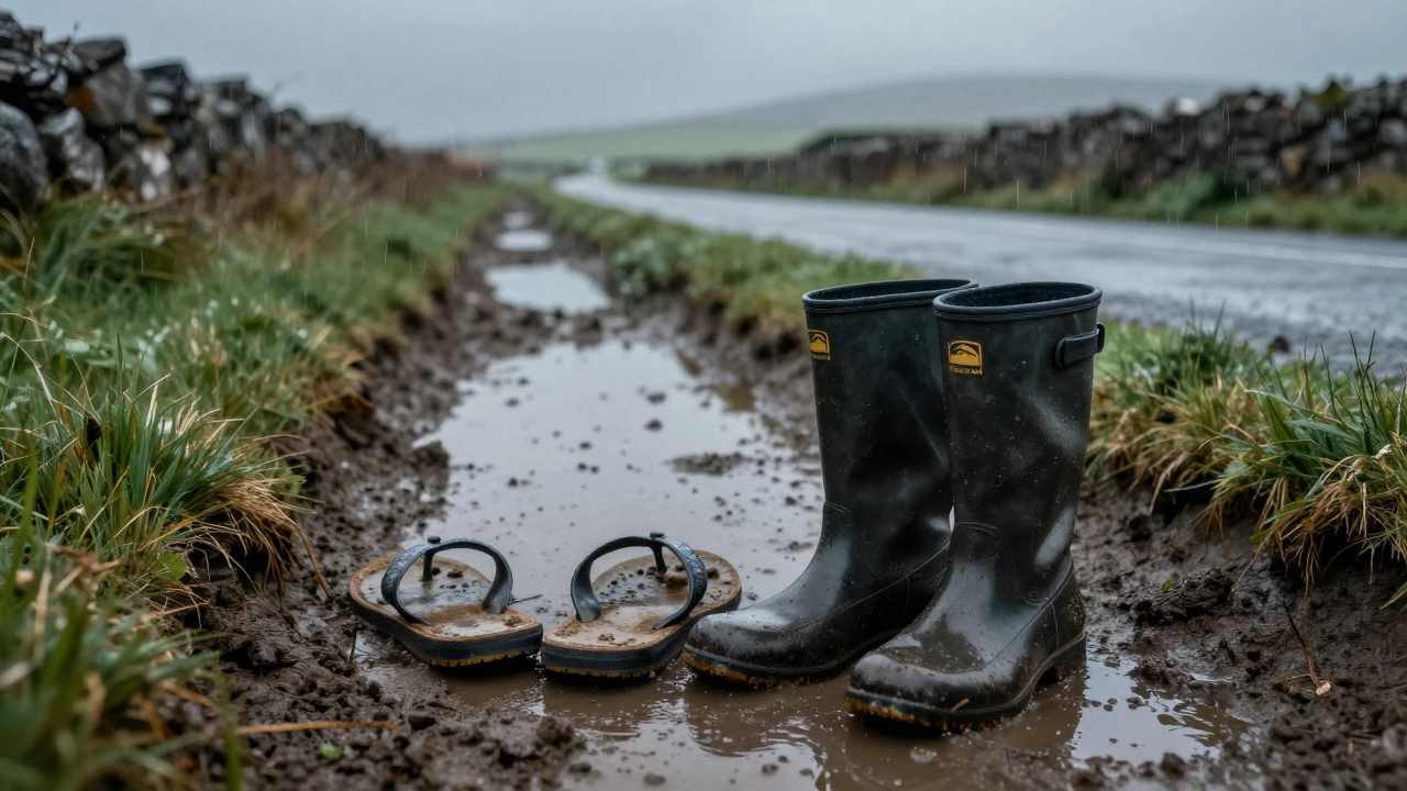 Abandoned shoes in mud beside dry waterproof work boots in rural Ireland.