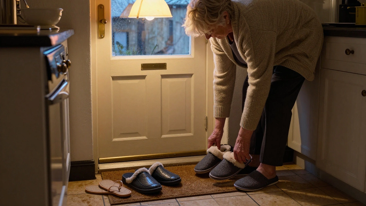 An Irish woman putting on fleece-lined indoor slippers in a cozy kitchen, with wet shoes drying nearby.