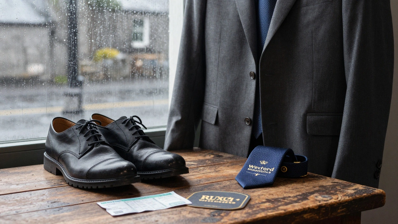 Budget suit paired with Irish-made shoes and tie on wooden table, rain streaks on window, symbols of practical style.