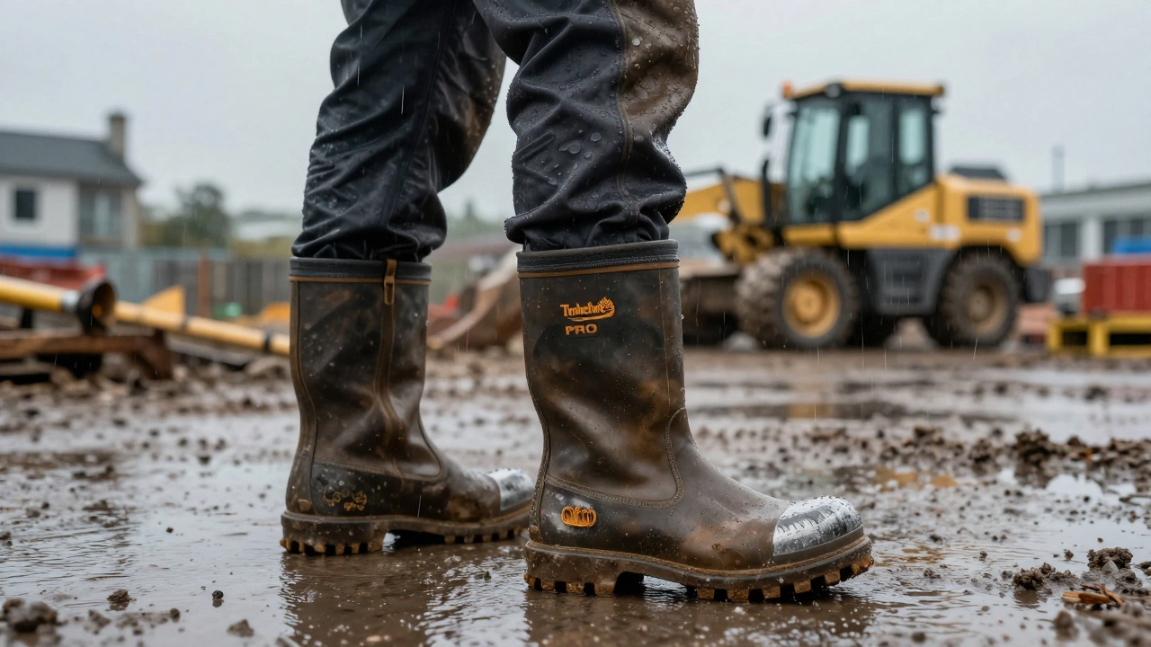 Construction worker in rain on Dublin site wearing waterproof Timberland boots