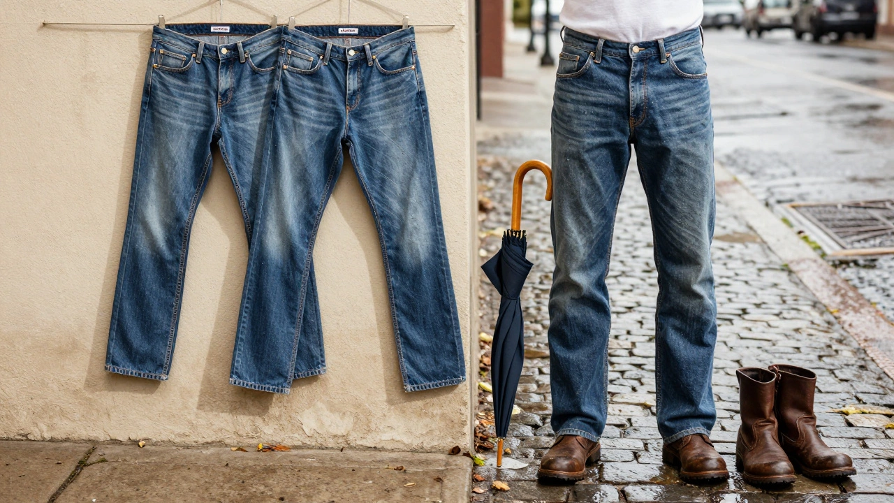 Designer jeans on a sunny California sidewalk versus rugged Irish denim standing strong on wet cobblestones in the rain.