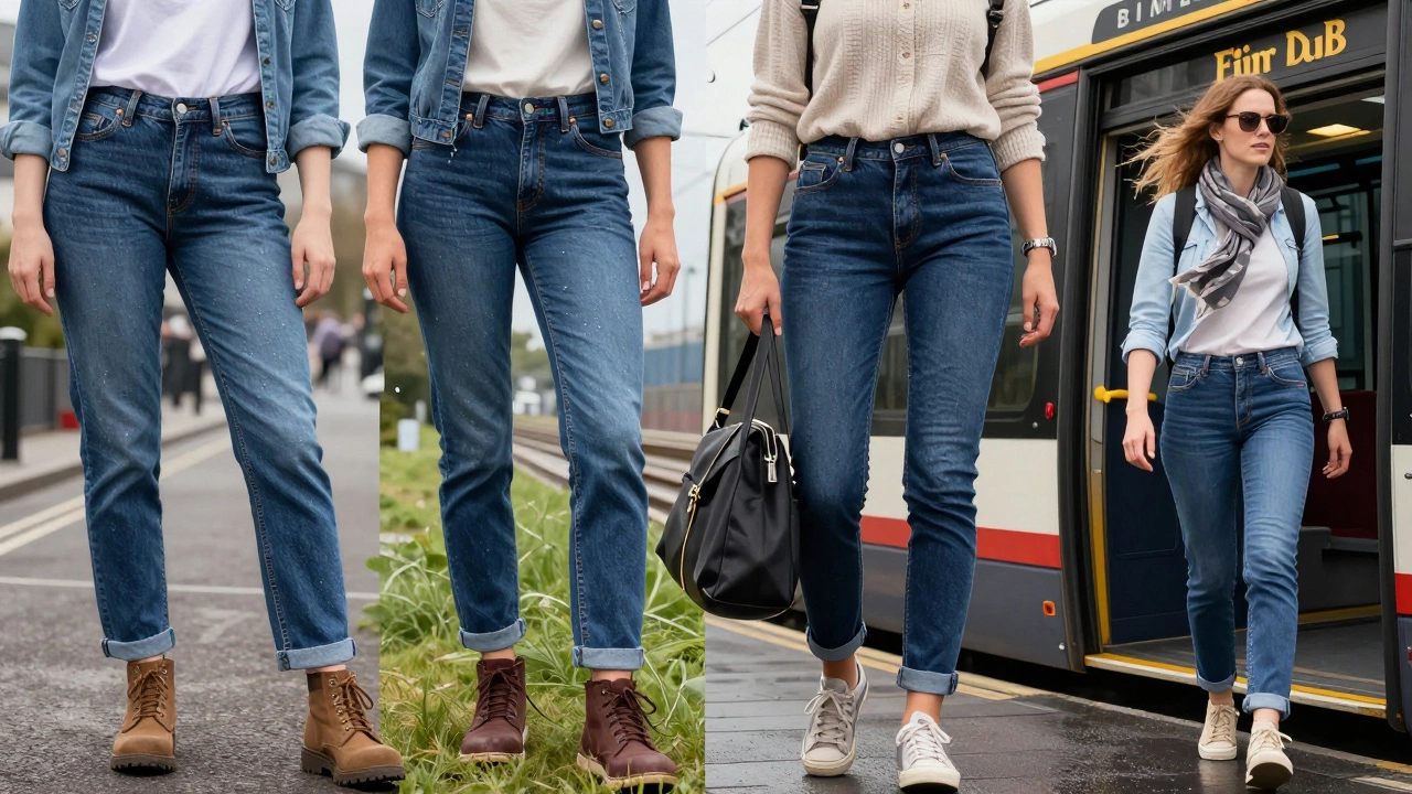 Four Irish women in different locations all wearing practical, dark-wash jeans suited for wet weather and daily life.