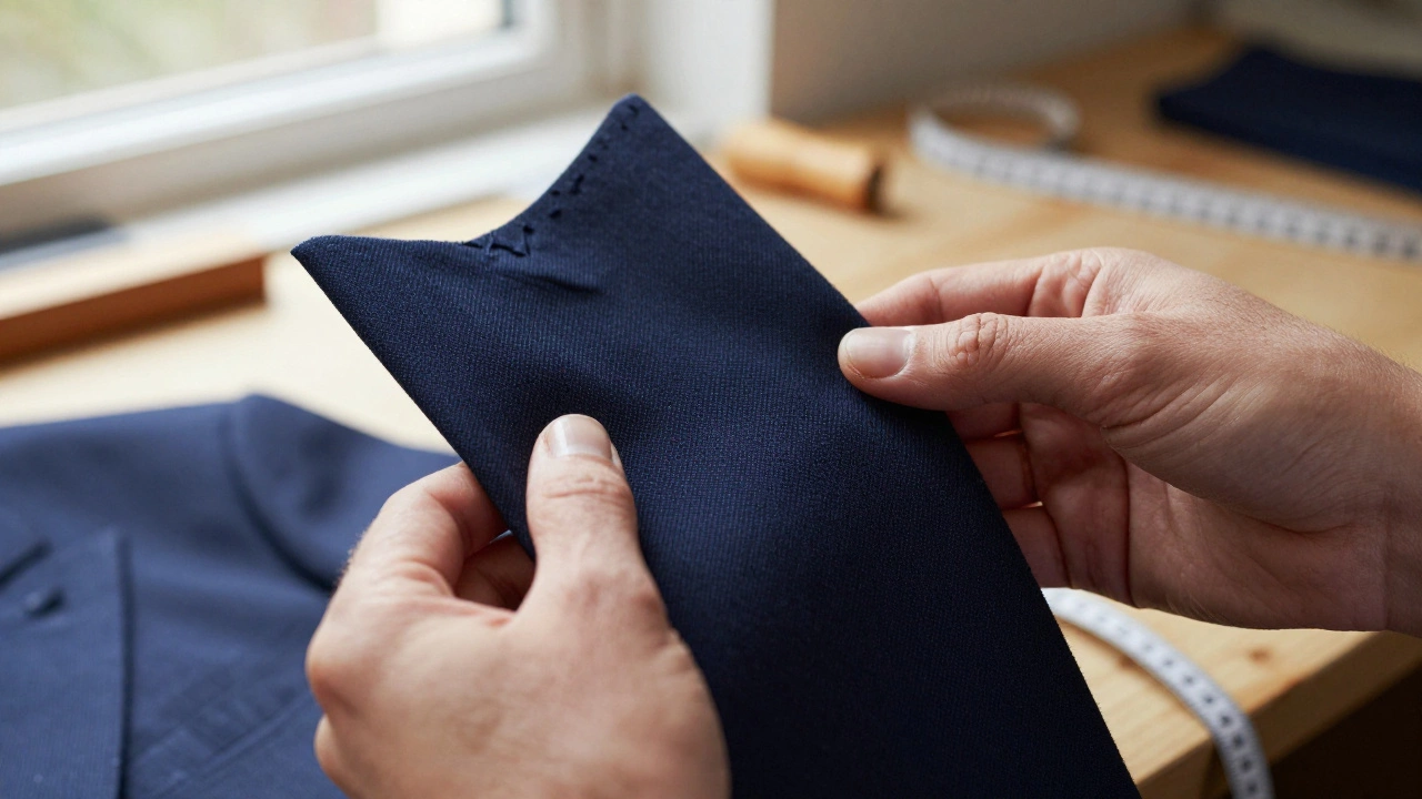 Hands comparing a hand-basted suit lapel with a glued one, showing texture and flexibility differences.