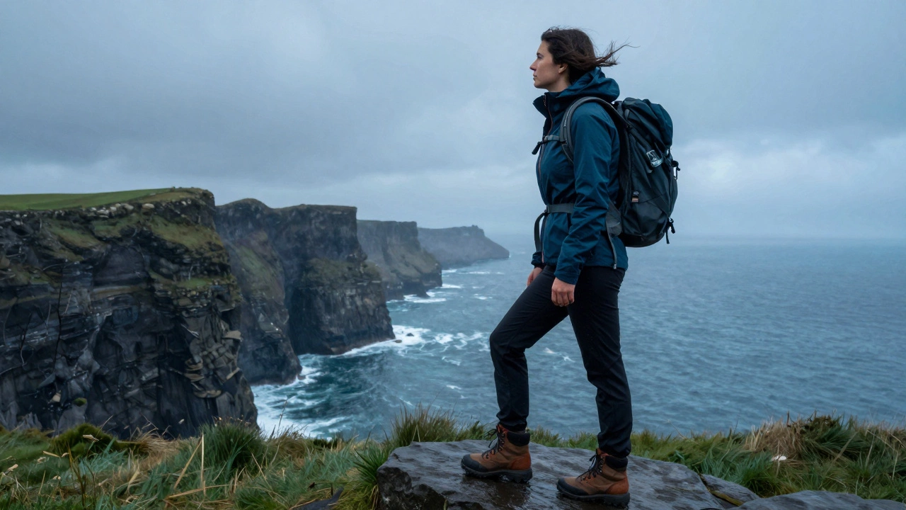 Hiker on Cliffs of Moher wearing windproof jacket and sturdy boots in misty coastal weather.
