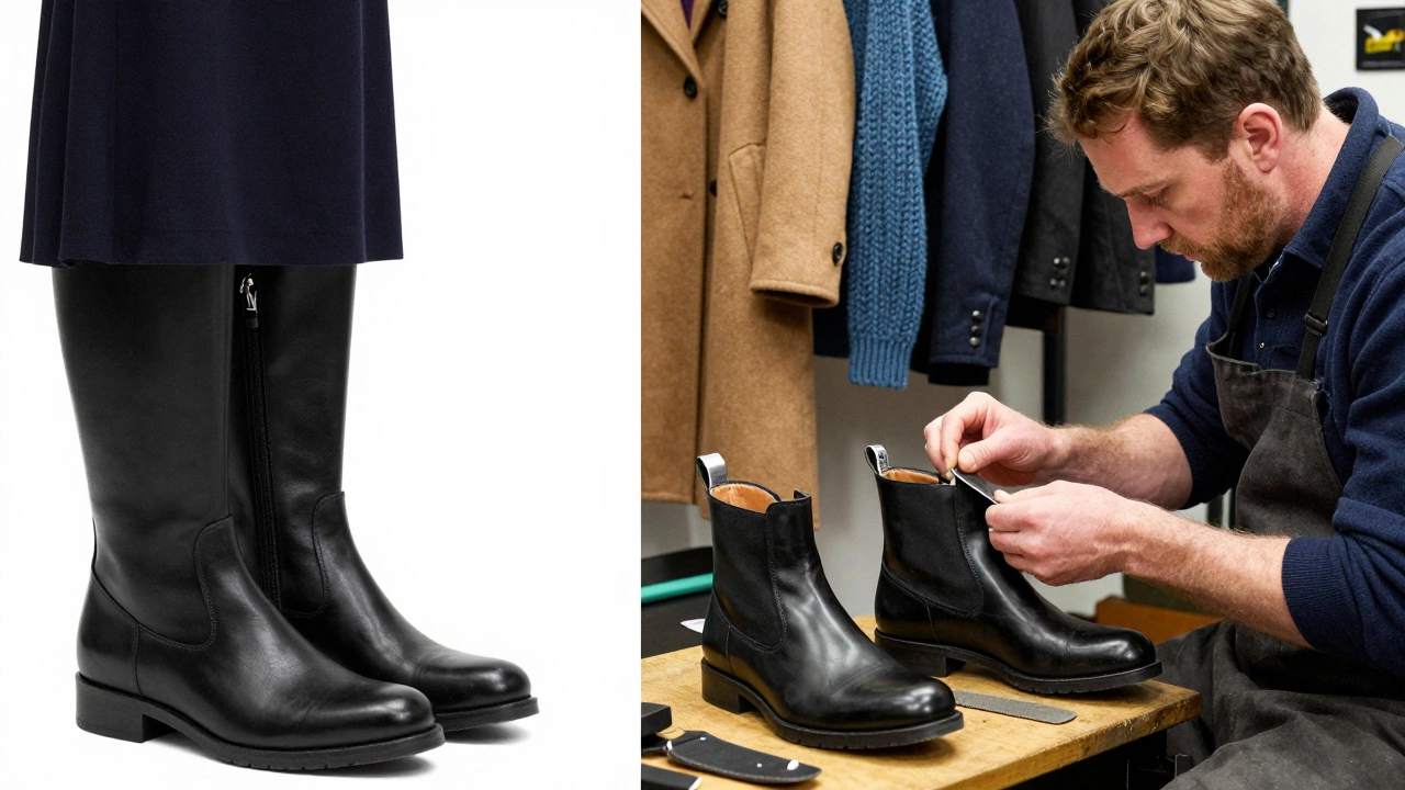 Kate's classic Clarks boots beside identical ones being repaired in a Galway shoe shop, reflecting shared values of durability.