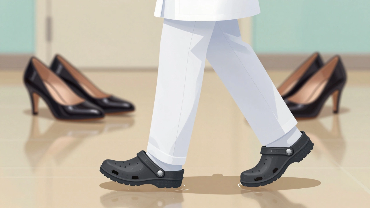 Nurse walking on damp floor with non-slip clogs, discarded heels nearby.