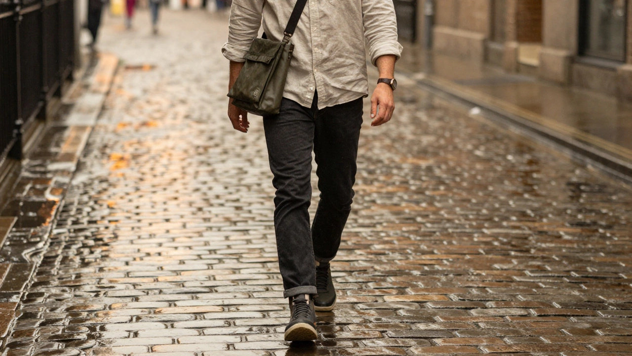 Person walking Dublin cobblestones with linen shirt and waterproof sneakers in light rain.