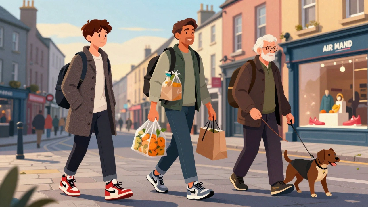 Three generations in Galway wearing Nike shoes, with a culturally inspired sneaker on display.