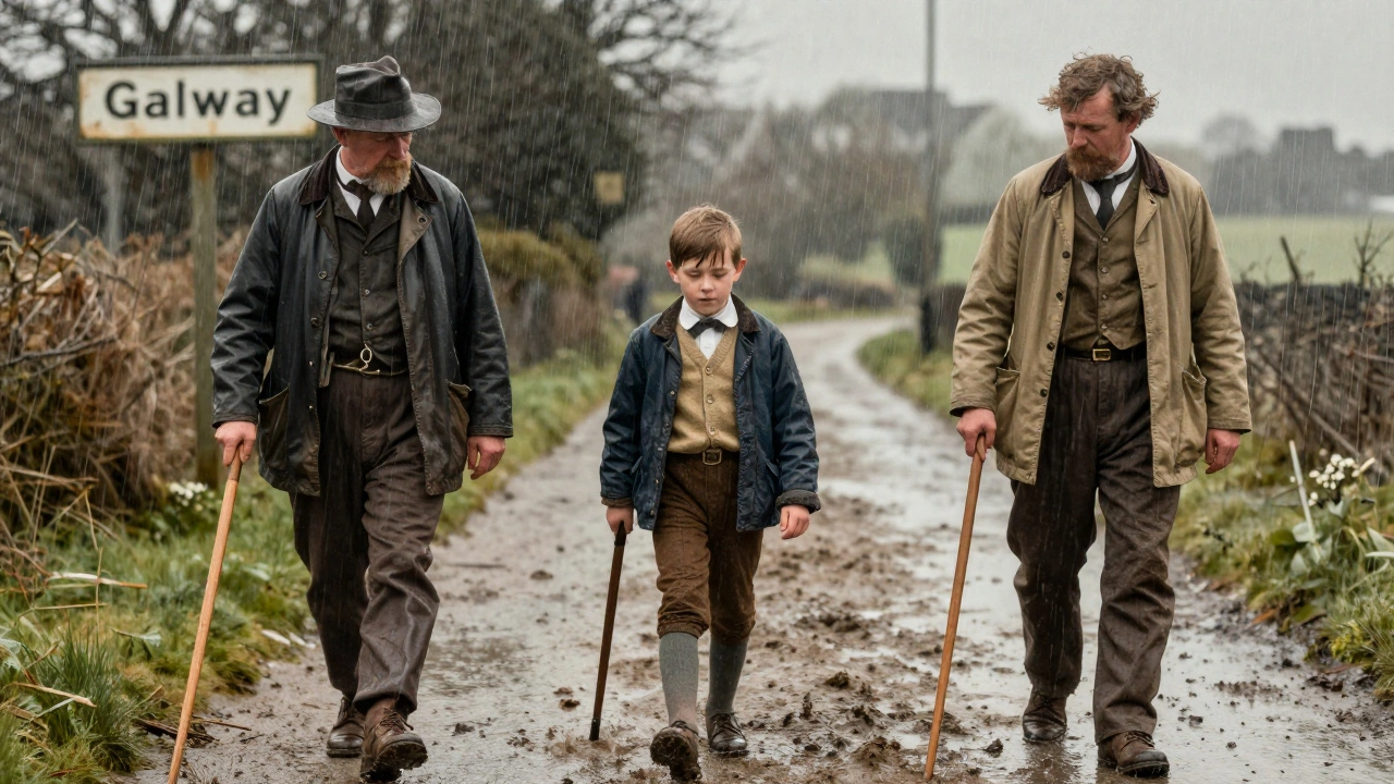 Three generations of Irish workers in traditional jackets navigating a rainy road in rural Ireland.