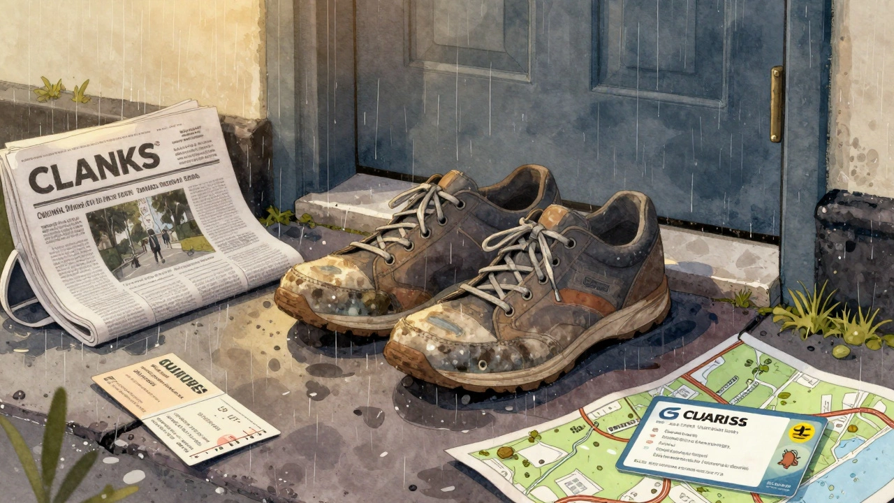 A pair of worn Clarks sneakers on a damp Irish doorstep, surrounded by symbols of daily life like a bus ticket and hiking map.