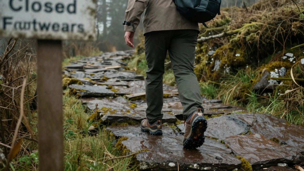 A ranger hiking a wet stone trail in Merrell sneakers on the Wicklow Way, surrounded by mist and moss-covered rocks.