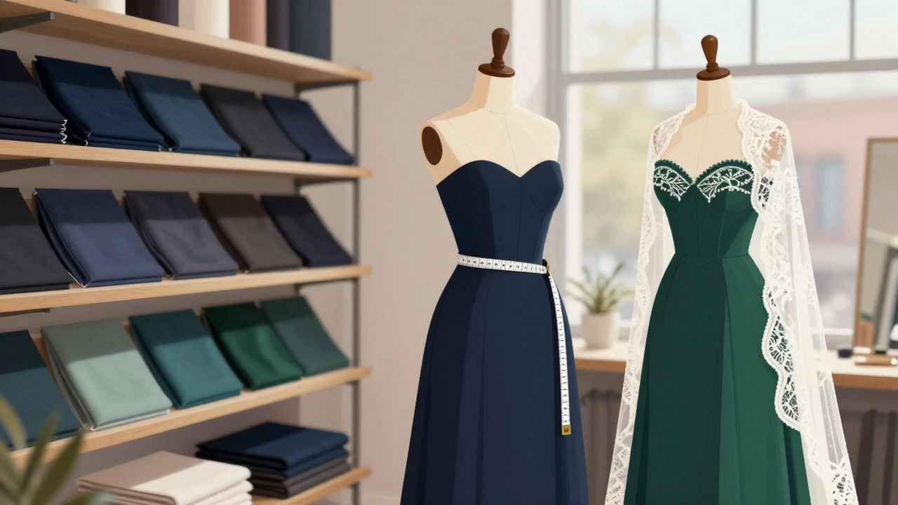 An Irish tailor measures a client’s underbust and high hip in a boutique filled with rich fabric swatches and a structured gown on display.