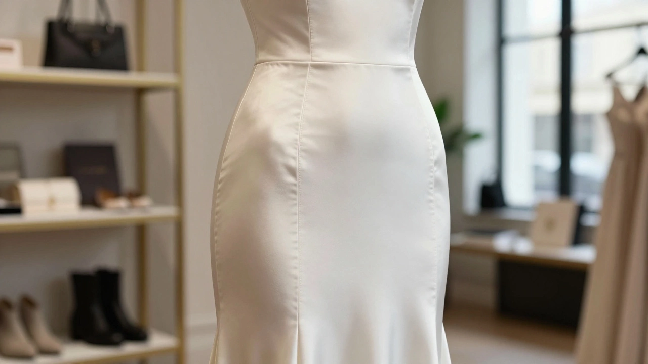Close-up of a tailored silk crepe gown with vertical seaming and seamless undergarment.