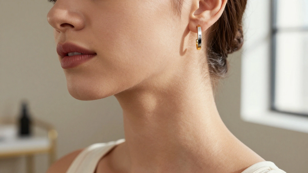 Close-up of silver and gold earrings being tested against skin tone near window.