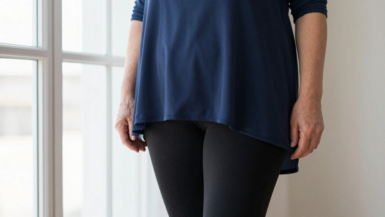 Detail of senior woman wearing tunic over opaque leggings indoors.